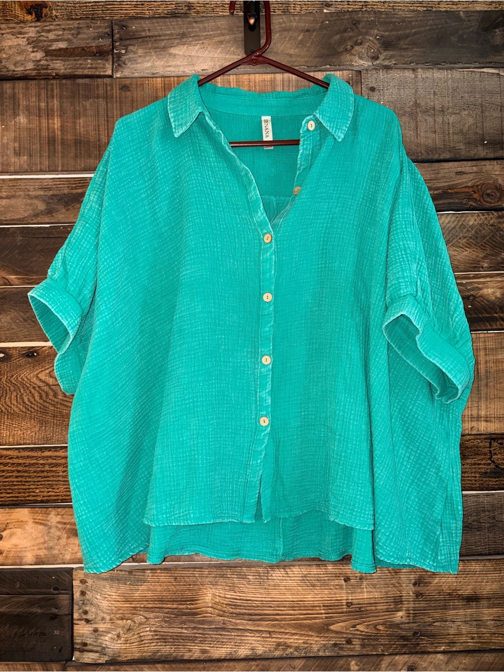 Zenana Outfitters Teal Button-Front Oversized Shirt